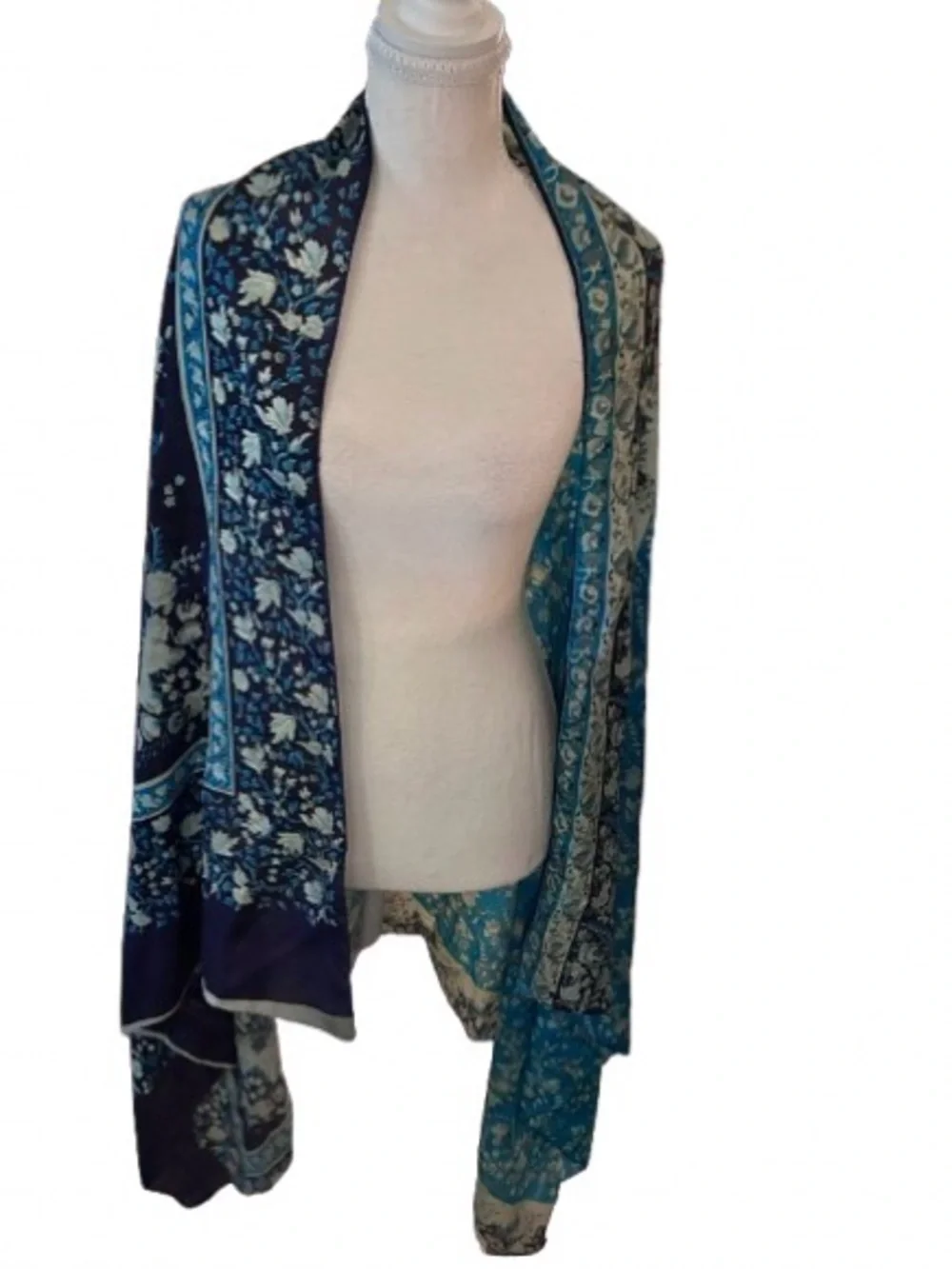 Lovely Large 100% Silk Floral Turquoise Aqua India Scarf Wrap Lightweight Boho